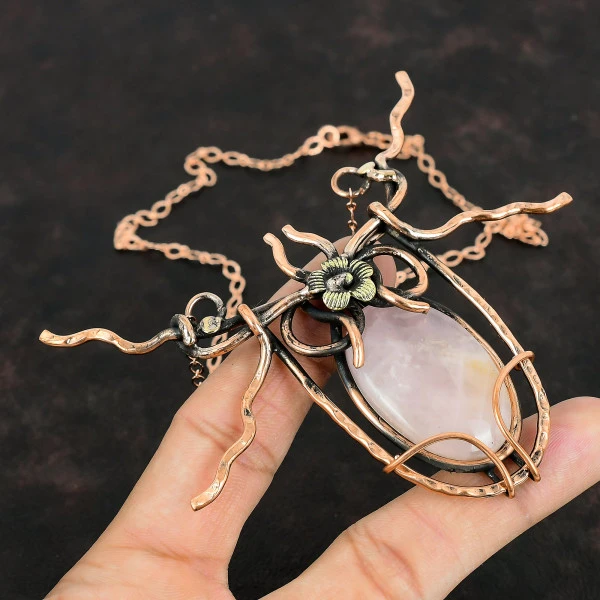 Rose Quartz Oval Pink Handmade Copper Wire Wrapped Necklace