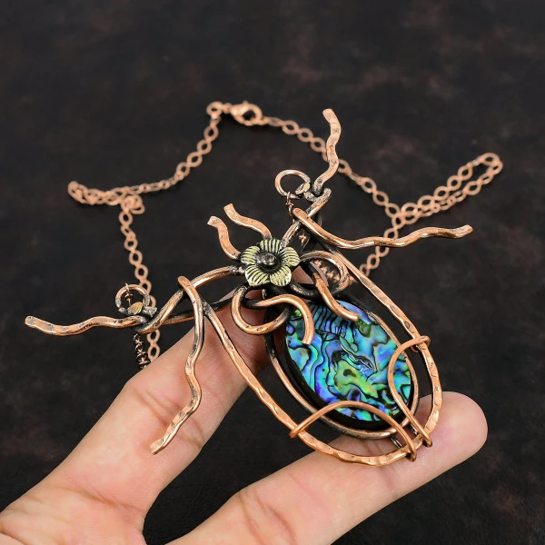 Abalone Shell Oval Green Handmade Copper Wire Wrapped Necklace