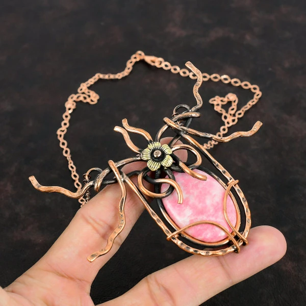 Thulite Oval Pink Handmade Copper Wire Wrapped Necklace