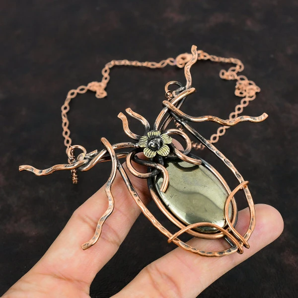 Pyrite Oval Gold Handmade Copper Wire Wrapped Necklace