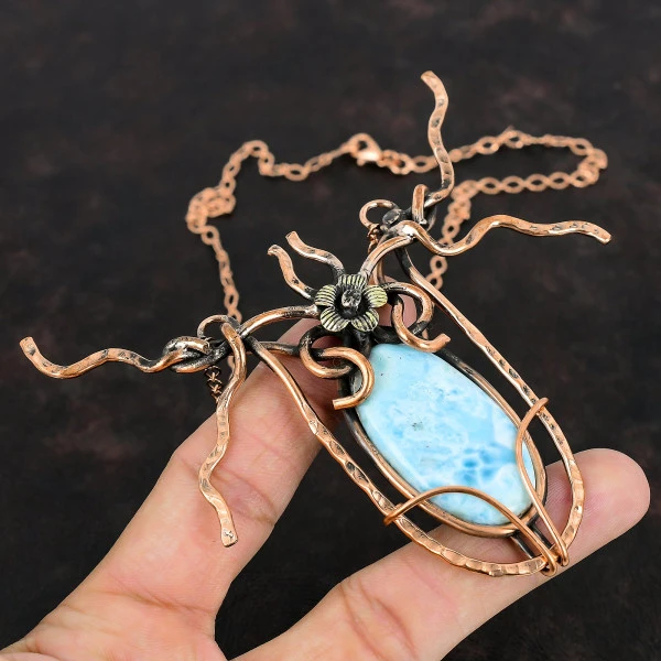 Larimar Oval Blue Handmade Copper Wire Wrapped Necklace