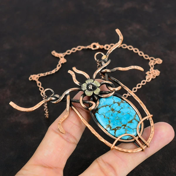 Tibetan Turquoise Oval Blue Handmade Copper Wire Wrapped Necklace