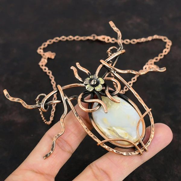 Plume Agate Oval White Handmade Copper Wire Wrapped Necklace