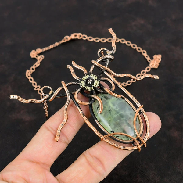 Moss Prehnite Oval Green Handmade Copper Wire Wrapped Necklace