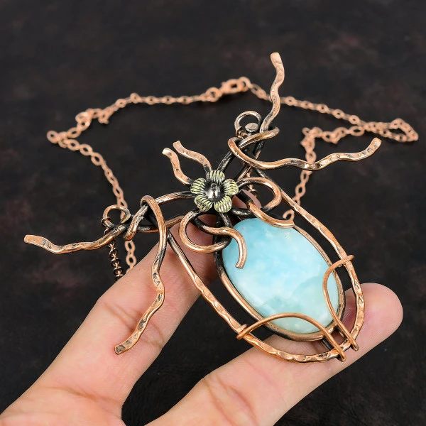 Hemimorphite Oval Blue Handmade Copper Wire Wrapped Necklace