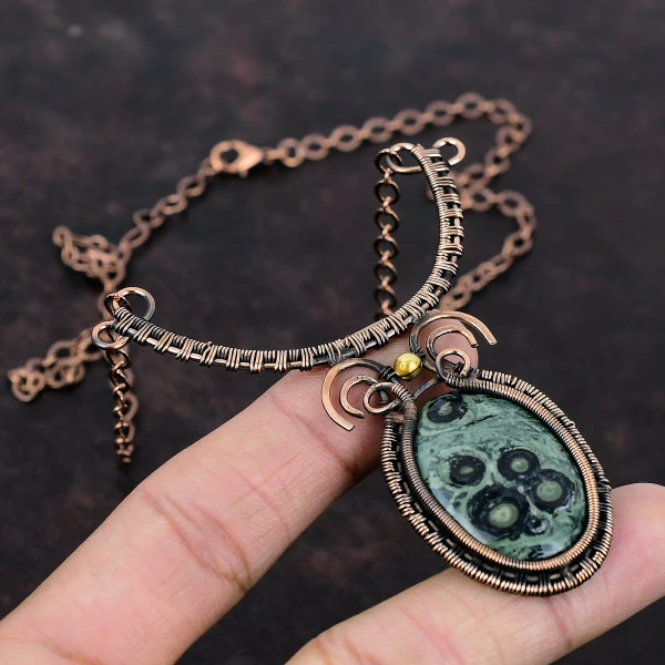 Kambaba Jasper Oval Green Handmade Copper Wire Wrapped Necklace