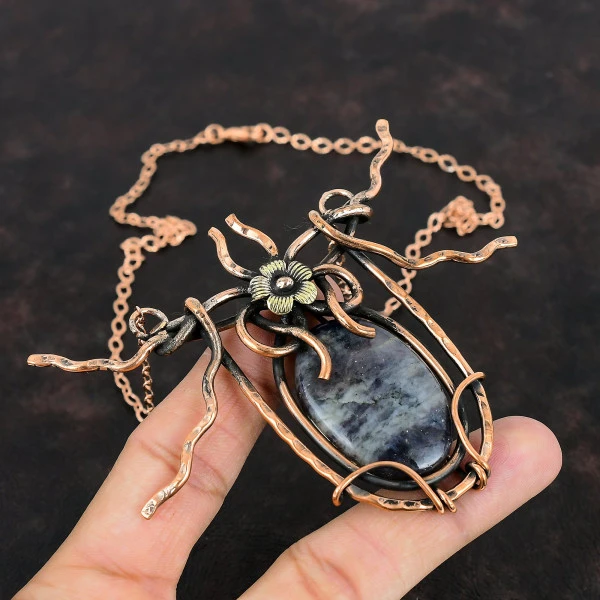 Iolite Sunstone Oval Blue Handmade Copper Wire Wrapped Necklace