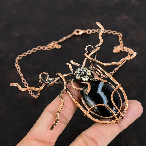 Sardonyx Oval Black Handmade Copper Wire Wrapped Necklace