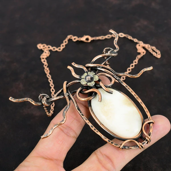 Scolecite Oval White Handmade Copper Wire Wrapped Necklace
