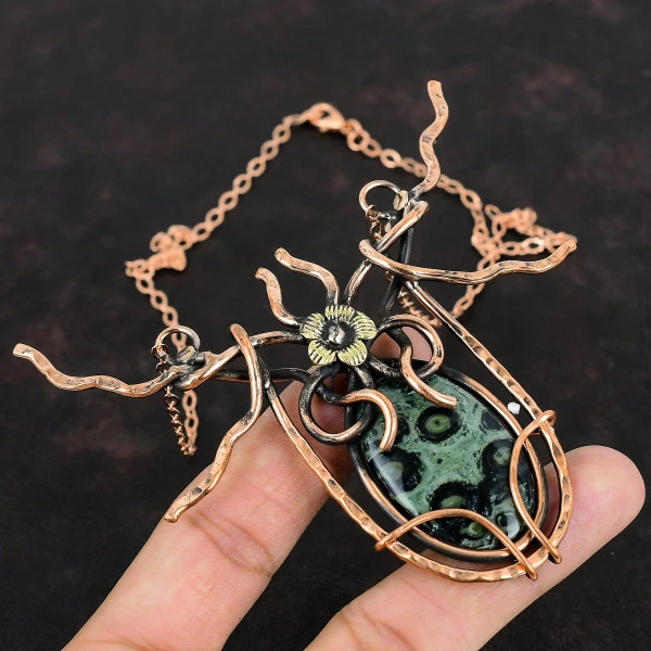 Kambaba Jasper Oval Green Handmade Copper Wire Wrapped Necklace