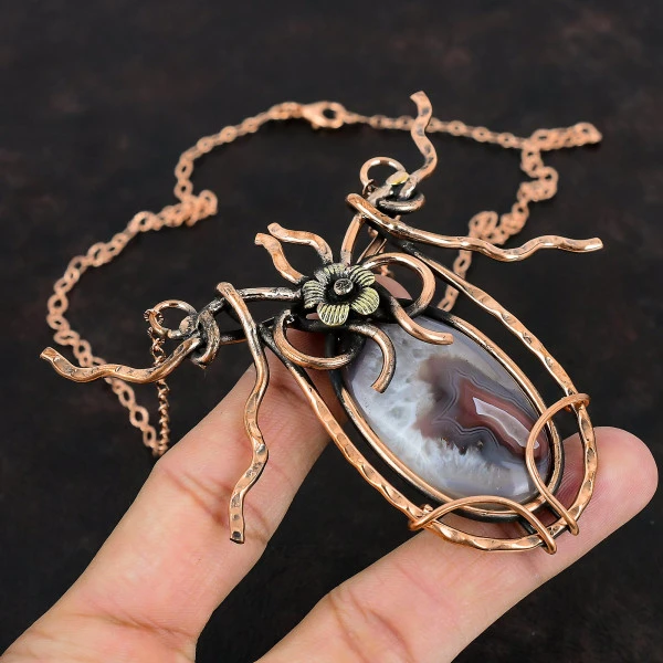 Botswana Agate Oval White Handmade Copper Wire Wrapped Necklace