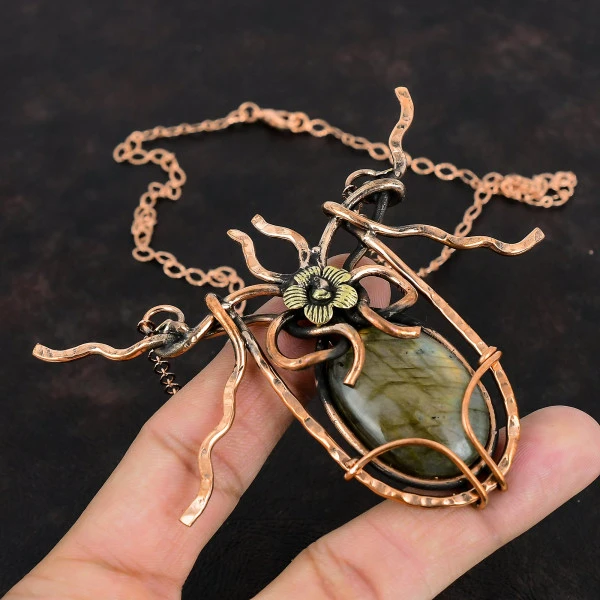 Labradorite Oval Gray Handmade Copper Wire Wrapped Necklace