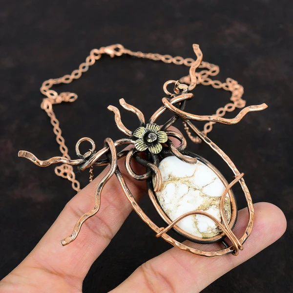 Wild Horse Magnesite Oval White Handmade Copper Wire Wrapped Necklace