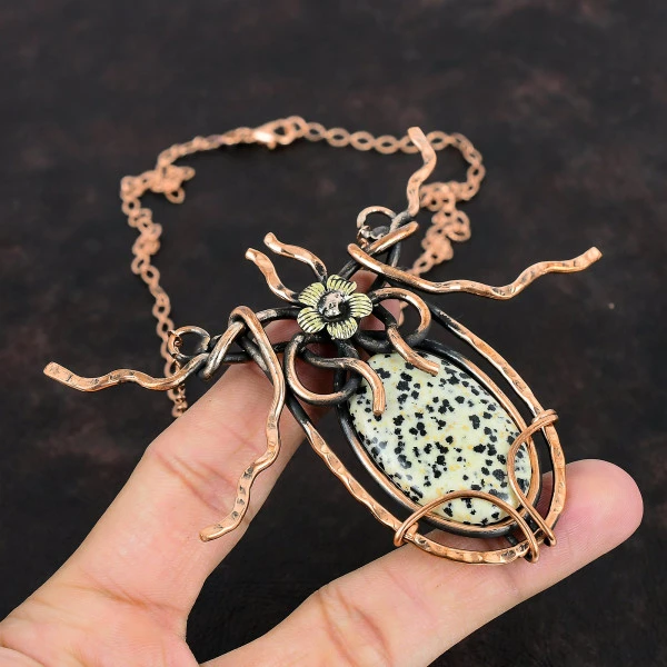 Dalmatian Jasper Oval Black Handmade Copper Wire Wrapped Necklace