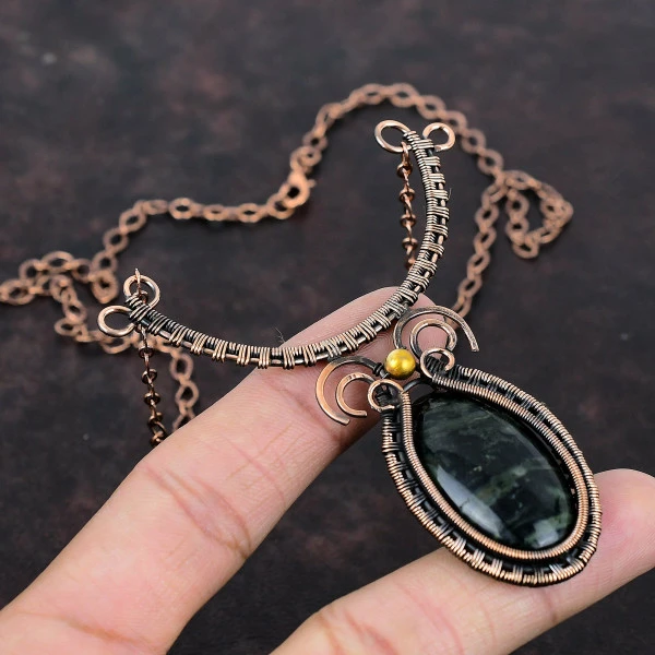 Kambaba Jasper Oval Green Handmade Copper Wire Wrapped Necklace