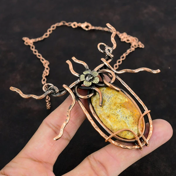 Fossil Coral Oval Yellow Handmade Copper Wire Wrapped Necklace