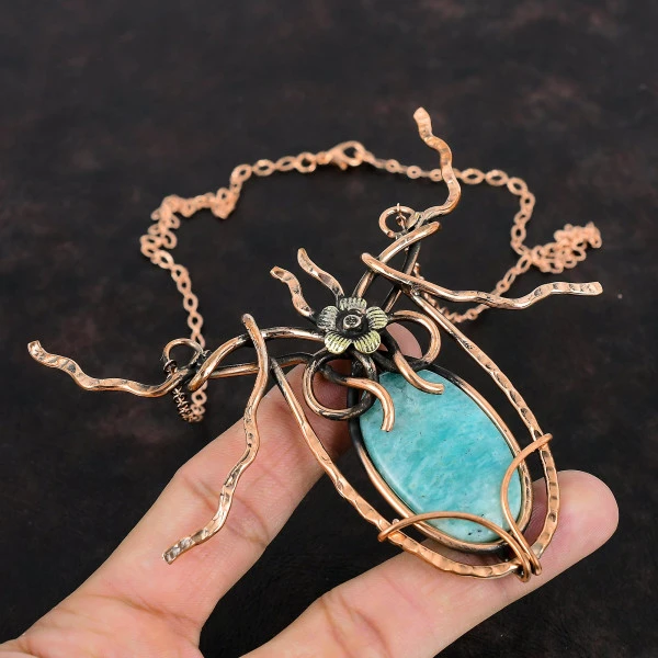 Amazonite Oval Green Handmade Copper Wire Wrapped Necklace