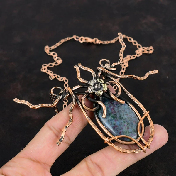 Ruby In Blue Kyanite Oval Blue Handmade Copper Wire Wrapped Necklace