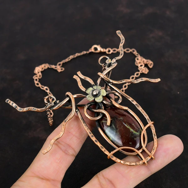 Dragon Bloodstone Oval Red Handmade Copper Wire Wrapped Necklace