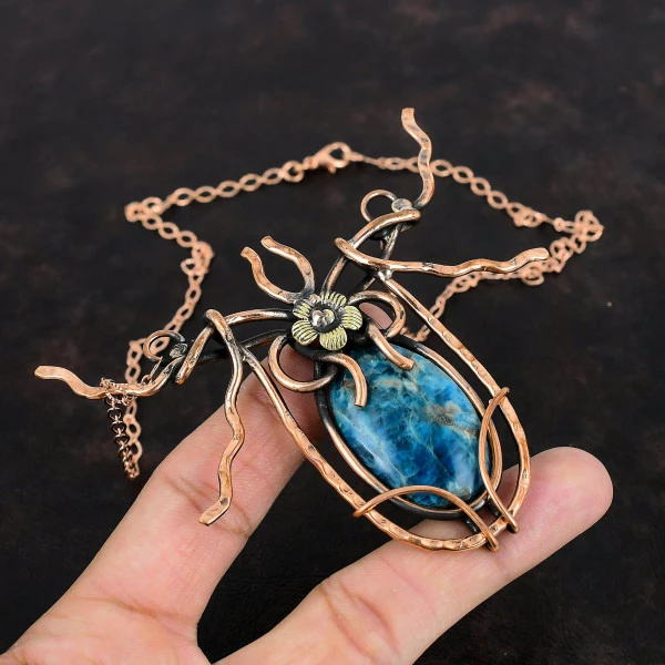 Neon Apatite Oval Blue Handmade Copper Wire Wrapped Necklace