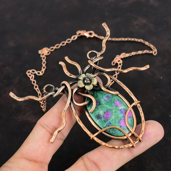 Ruby Fuchsite Oval Green Handmade Copper Wire Wrapped Necklace