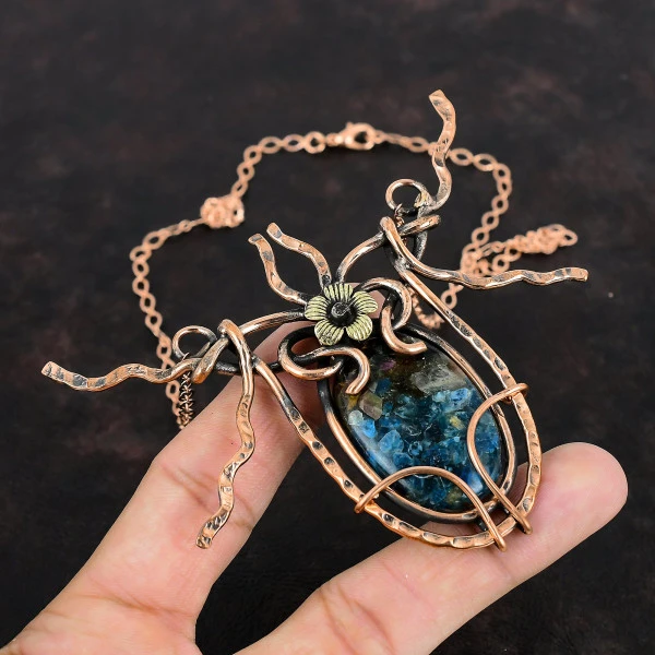 Watermelon Tourmaline Oval Blue Handmade Copper Wire Wrapped Necklace