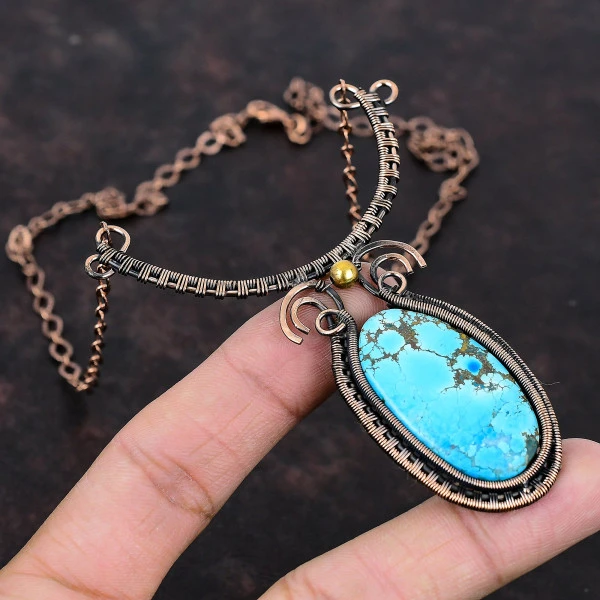 Tibetan Turquoise Oval Blue Handmade Copper Wire Wrapped Necklace