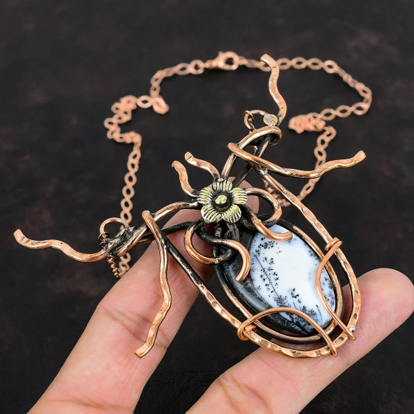 Dendrite Opal Oval White Handmade Copper Wire Wrapped Necklace