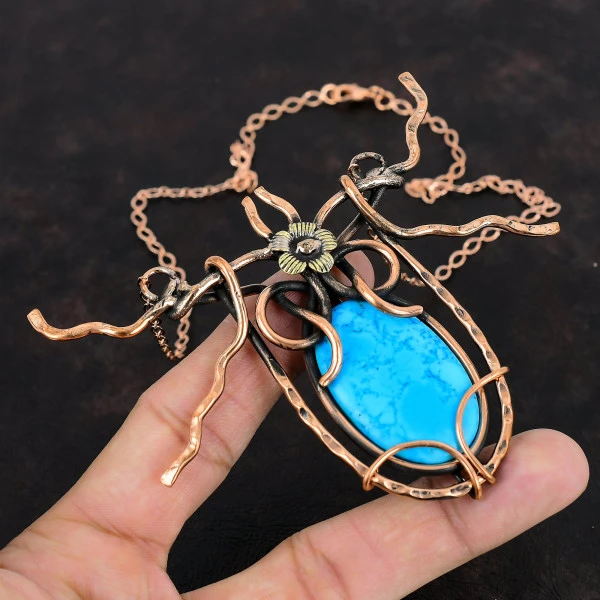 Arizona Turquoise Oval Blue Handmade Copper Wire Wrapped Necklace