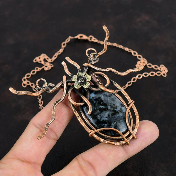 Larvikite Oval Black Handmade Copper Wire Wrapped Necklace