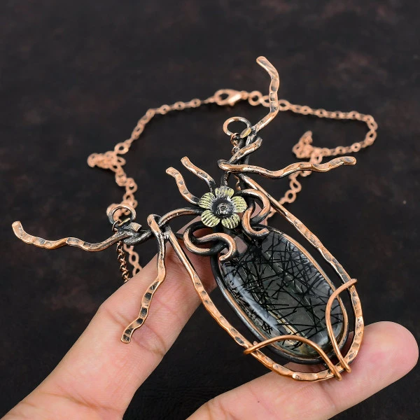 Black Rutile Oval Black Handmade Copper Wire Wrapped Necklace