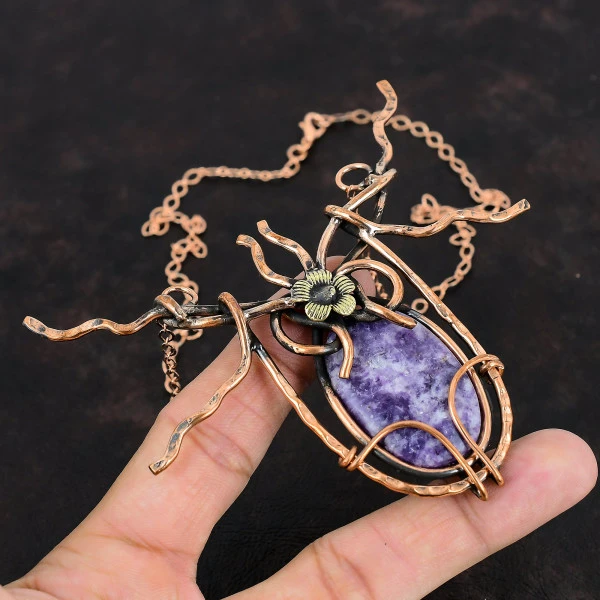 Lepidolite Oval Purple Handmade Copper Wire Wrapped Necklace