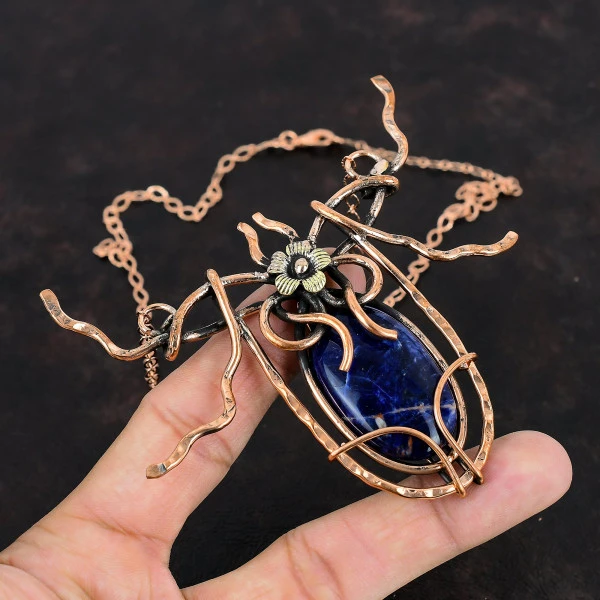 Sodalite Oval Blue Handmade Copper Wire Wrapped Necklace
