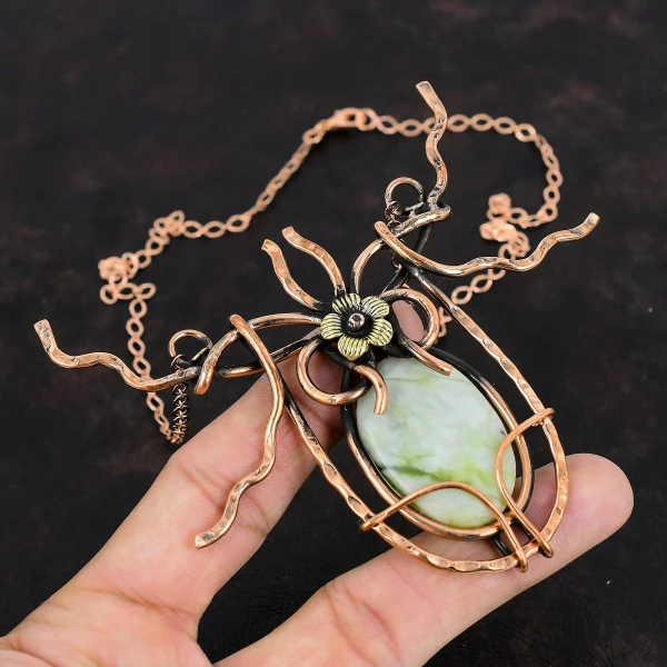 Green Aragonite Oval Green Handmade Copper Wire Wrapped Necklace
