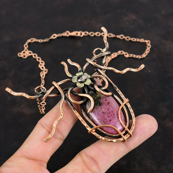 Rhodonite Oval Pink Handmade Copper Wire Wrapped Necklace