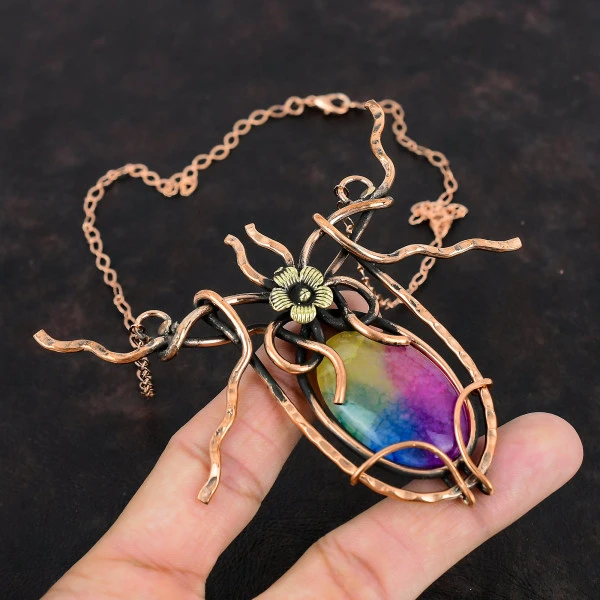 Rainbow Solar Quartz Druzy Oval Pink Handmade Copper Wire Wrapped Necklace