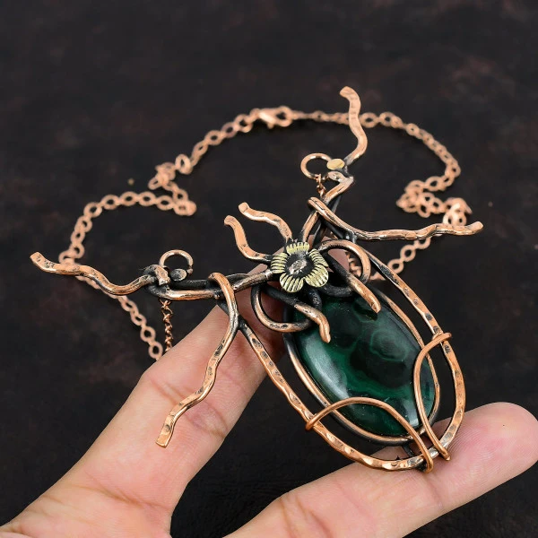 Malachite Oval Green Handmade Copper Wire Wrapped Necklace