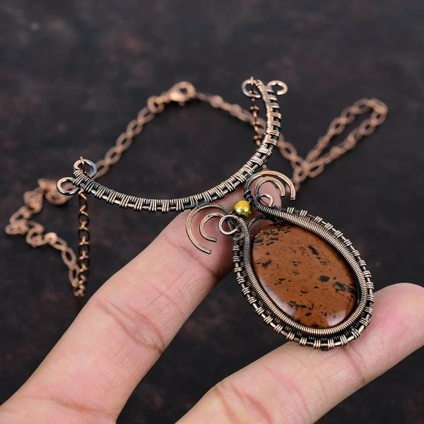 Mahogany Obsidian Oval Brown Handmade Copper Wire Wrapped Necklace