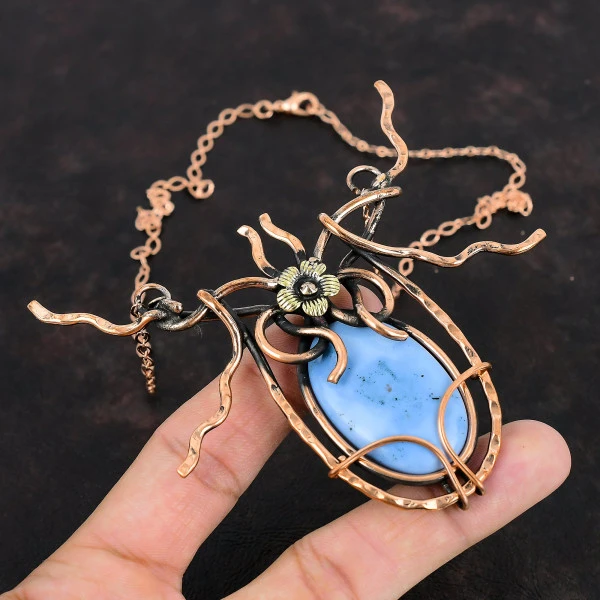 Owyhee Blue Opal Oval Blue Handmade Copper Wire Wrapped Necklace