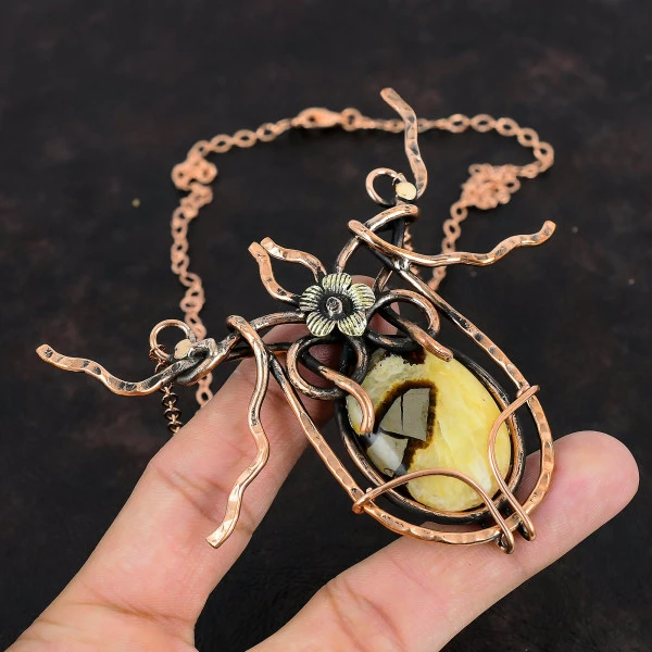 Septarian Oval Yellow Handmade Copper Wire Wrapped Necklace