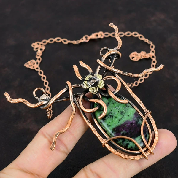 Ruby Zoisite Oval Green Handmade Copper Wire Wrapped Necklace