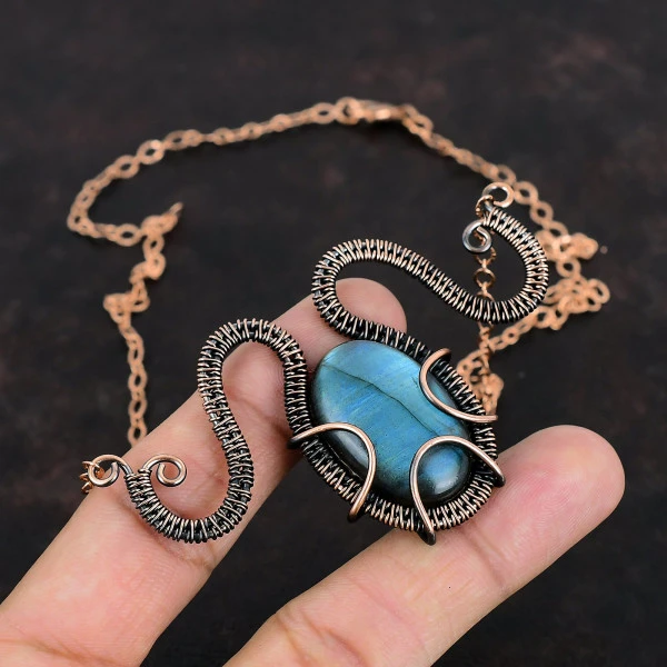 Labradorite Oval Gray Handmade Copper Wire Wrapped Necklace
