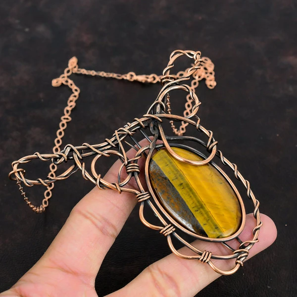 Tiger's Eye Oval Brown Handmade Copper Wire Wrapped Necklace