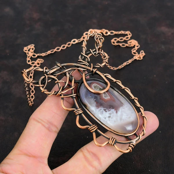 Botswana Agate Oval White Handmade Copper Wire Wrapped Necklace
