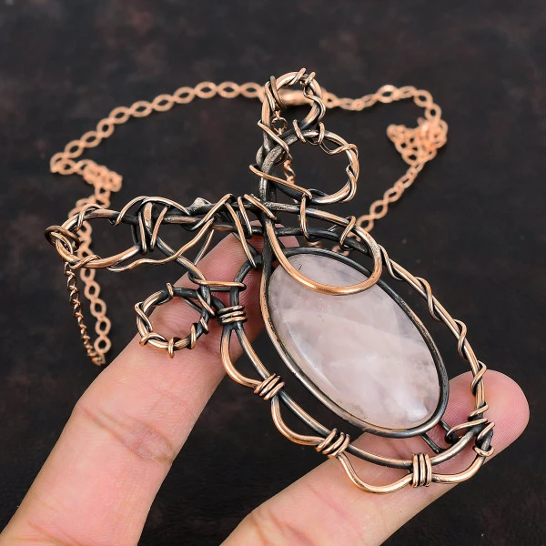 Rose Quartz Oval Pink Handmade Copper Wire Wrapped Necklace