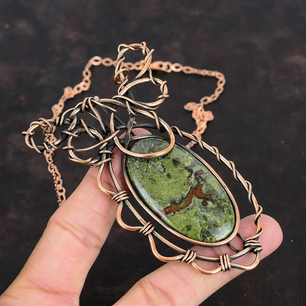 Dragon Bloodstone Oval Green Handmade Copper Wire Wrapped Necklace