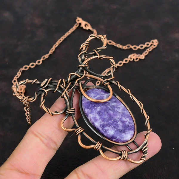 Lepidolite Oval Purple Handmade Copper Wire Wrapped Necklace