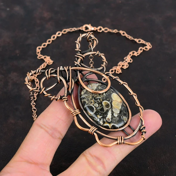 Turritella Agate Oval Brown Handmade Copper Wire Wrapped Necklace