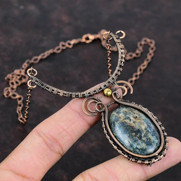 Kyanite Oval Blue Handmade Copper Wire Wrapped Necklace
