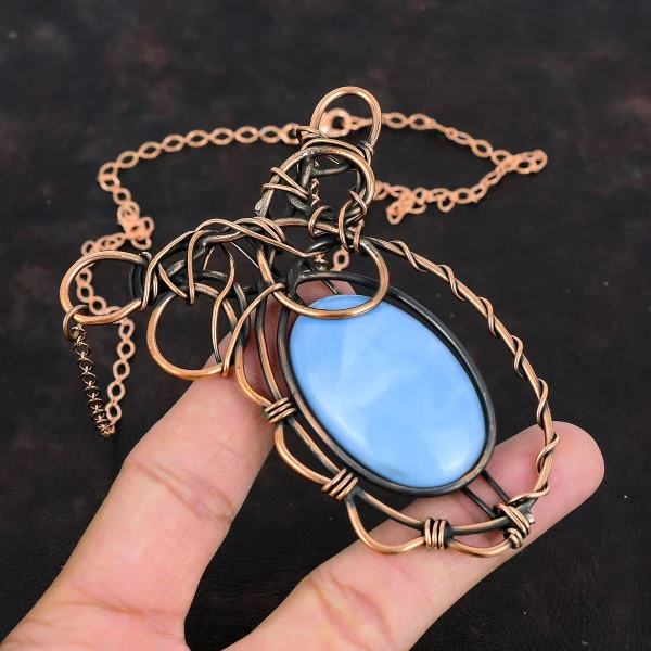 Owyhee Blue Opal Oval Blue Handmade Copper Wire Wrapped Necklace
